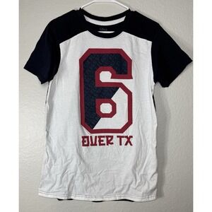Six Flags Boys Graphic Logo T-Shirt Size M White Navy Red Crew Neck Short Sleeve